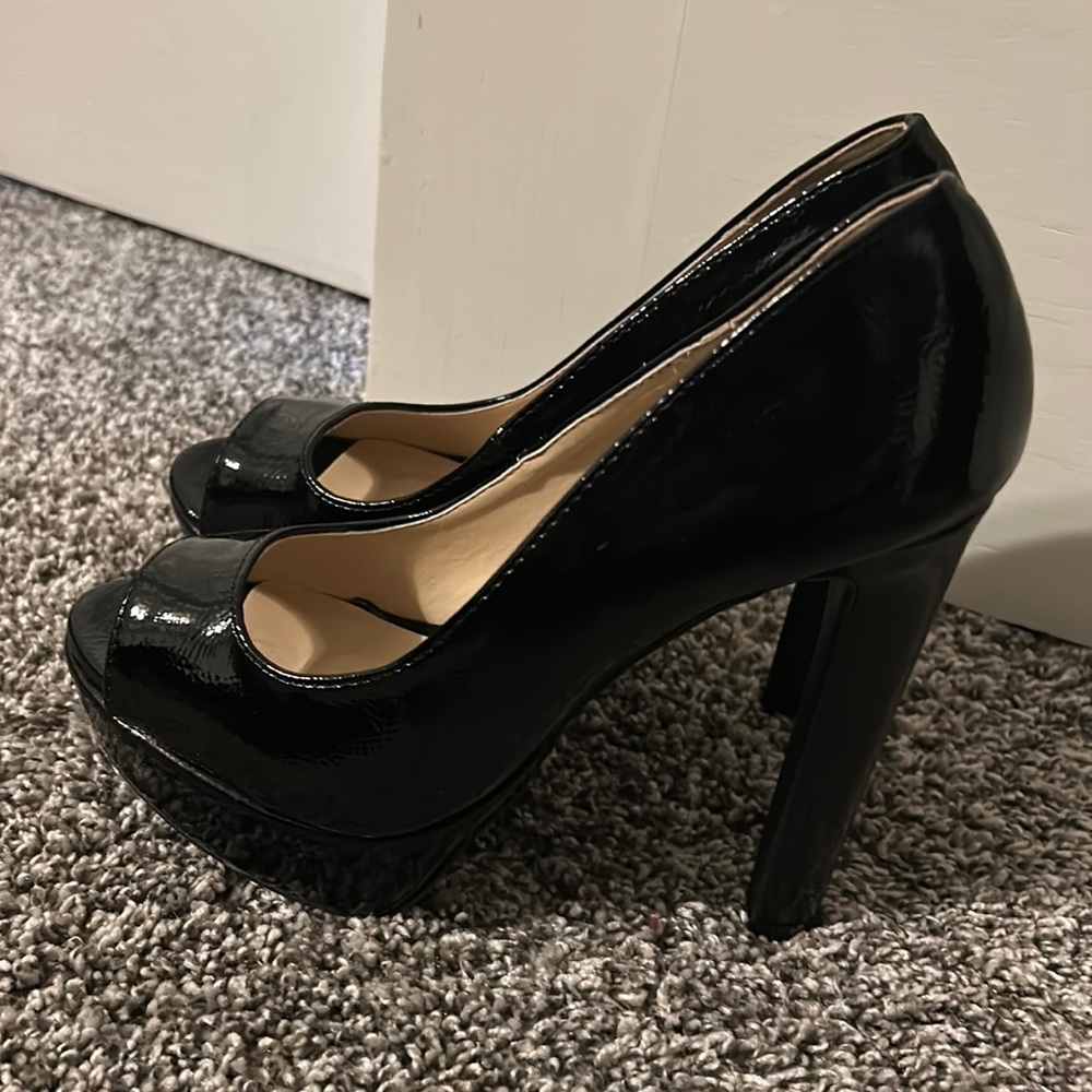 Black faux leather Platform peep toe heels